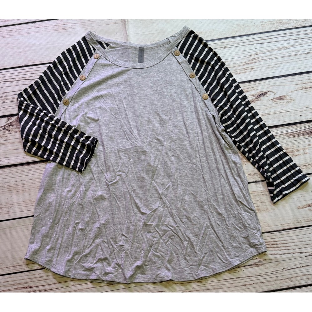 Honeyme Curvy Grey Striped Raglan Button Accent Long Sleeve Top XXXL